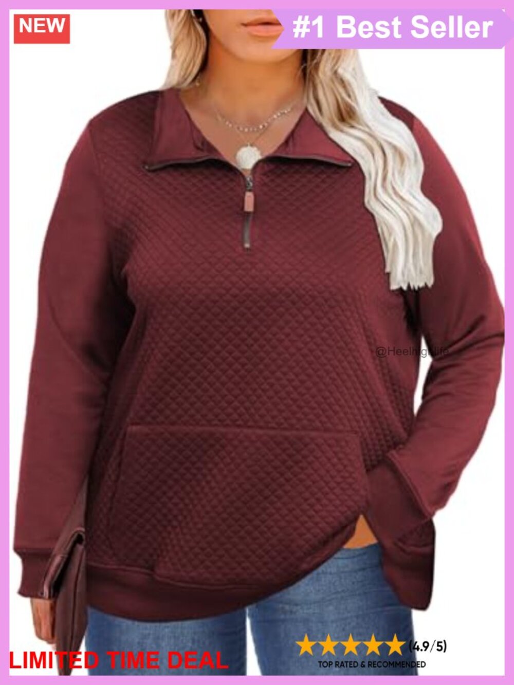 Plus Size Quilted Quarter Zip Sweatshirt Long Sleeve Casual Pullover Top